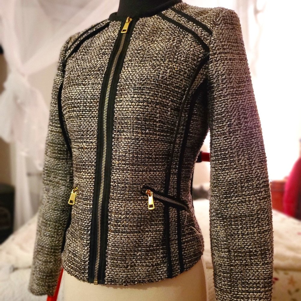 Size 6 Black and White Woven Blazer with Gold Zippers from H&M